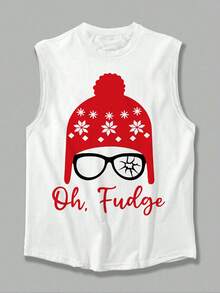 Funny Christmas Men's Tank Top With Oh Fudge And Winter Hat & Broken Glasses Graphic Print Vest, Perfect For Holiday Parties Suitable For Men Is An Ideal Gift Choice - White - View 4