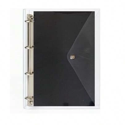 Caderno Fichário Argolado Pasta Organizadora 4 Argolas Preto Transparente Fechamento com Botão