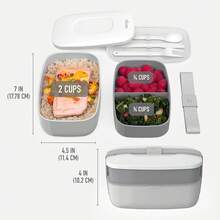 Clásico - Caja Bento para Adultos, Caja de Almuerzo Apilable de 3 Compartimentos con Juego de Cubiertos Desmontable y Correa de Sellado, Libre de BPA, Contenedor de Alimentos para Preparación de Comidas, Trabajo y Viajes (Gris) - Gris - Ver 6