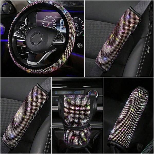 5pcs/Set Car Rhinestone Steering Wheel Cover, Gear Lever Cover, Safety Belt Shoulder Cover, Handbrake Cover, Car Mounted Rhinestone Inlay Interior Decor Cover, In White Color