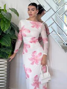 Andrea Bello 浪漫约会之夜花卉印花褶皱长袖女式连衣裙，女式夏季连衣裙 - 彩色 - 查看 1