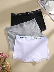FINETOO 3 pezzi Mutandine da donna in colore unito con inserti in pizzo e lettera, biancheria intima in cotone comoda e casual, adatta per uso quotidiano e sportivo
