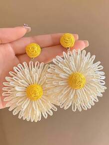 2pcs/Set Handmade Woven Raffia Daisy Flower Drop Earrings For Women, Fashionable & Sweet, Suitable For Summer Beach Style