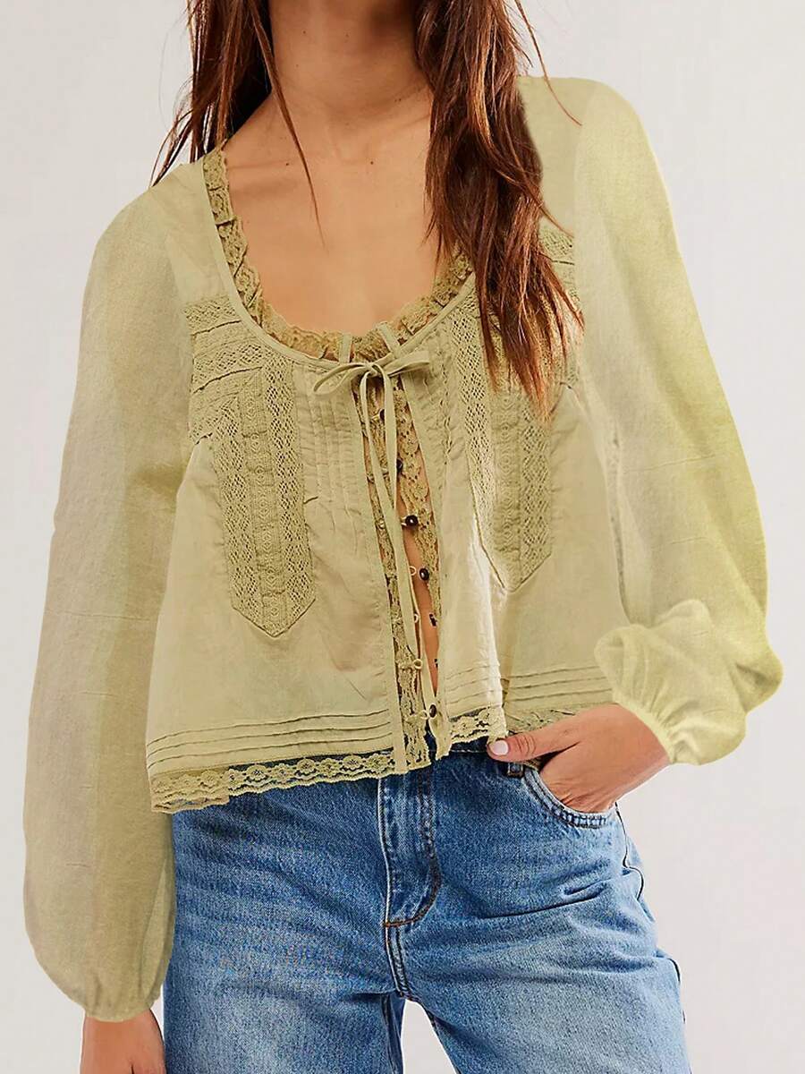 Women's Flowy Bow Front Tie Top Long Sleeve Peplum Lace Trim Chiffon Shirt Sheer V Neck Boho Ruffle Beach Blouse Y2k Coquette Going Out Tops - màu xanh lá - Xem 1