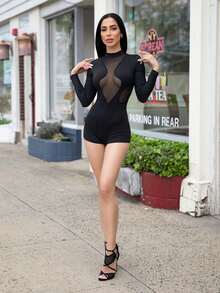 Carolina Barros 立领网眼拼布长袖连体衣 - 黑色 - 查看 2