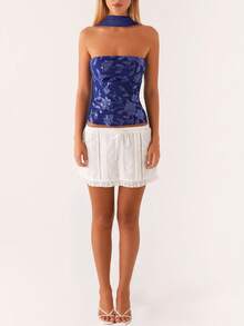 Women Y2K Sequin Tube Top With Neck Scarf Sparkly Floral Bandeau Cami Pearl Embellished Glitter Rhinestone Going Out Shirt - 藏蓝色 - 查看 2