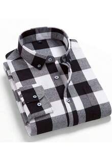 Men's Plaid FLANNEL Shirt Long Sleeve Slim NO POCKET - 黑與白 - 查看 1