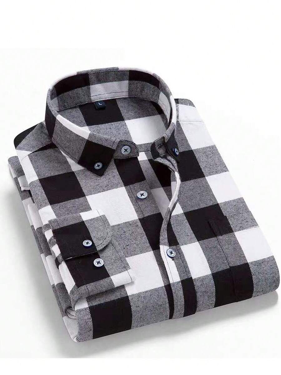 Men's Plaid FLANNEL Shirt Long Sleeve Slim NO POCKET - 黑與白 - 查看 1
