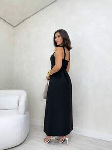 Long Dress Simple Elegant Casual Button Split Side Slit Women Wedding - 黑色 - 查看 2