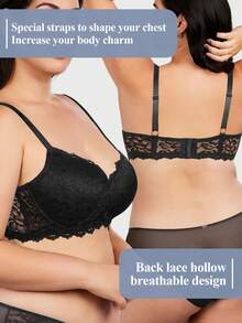 MIMILEMON Plus Size Women's Black Lace Seamless Full Coverage Underwire Bra With Wide Straps, Shaping, Daily Wear - Black - View 8
