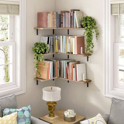 Tomnk 4/6pcs Wood Floating Shelves, Rustic Brown - Wall Mounted, Farmhouse Shelf For Bedroom & Bathroom Decor