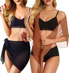 CHICGAL 2 Pieces Women Beach Sarong Bathing Suit Wrap Skirt Sheer Bikini Swimsuit Cover Ups Swimwear - Black Brown - 查看 2