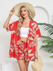 2pcs Women Summer New Casual Printed Vacation Style Cardigan And Shorts Set, Suitable For Home Wear