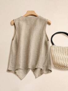 Plus Size Women's Casual Linen Vest Jacket, Short Style For Spring & Summer Resort