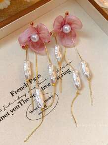 1 par de pendientes elegantes con flor, borla y perla, diseño único de estilo de alta gama para mujer