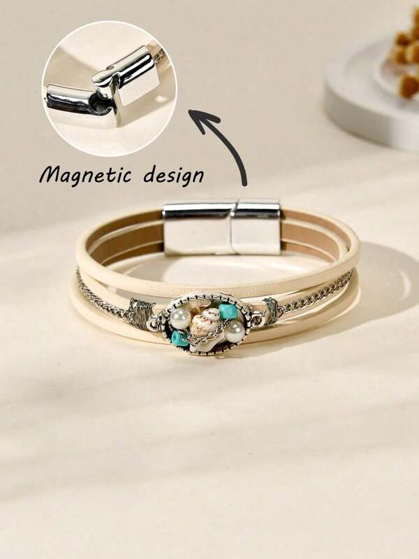 1pc Women Shell Magnetic Bracelet, Boho Style Handmade Woven Cord Bracelet, Fashionable Unisex Magnetic Bangle