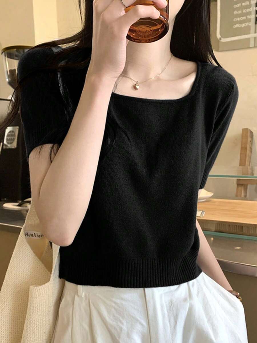 Women's All-Match Square Neck Solid Color Short Sleeve Fitted Casual Knit Top Black Summer - Black - View 1
