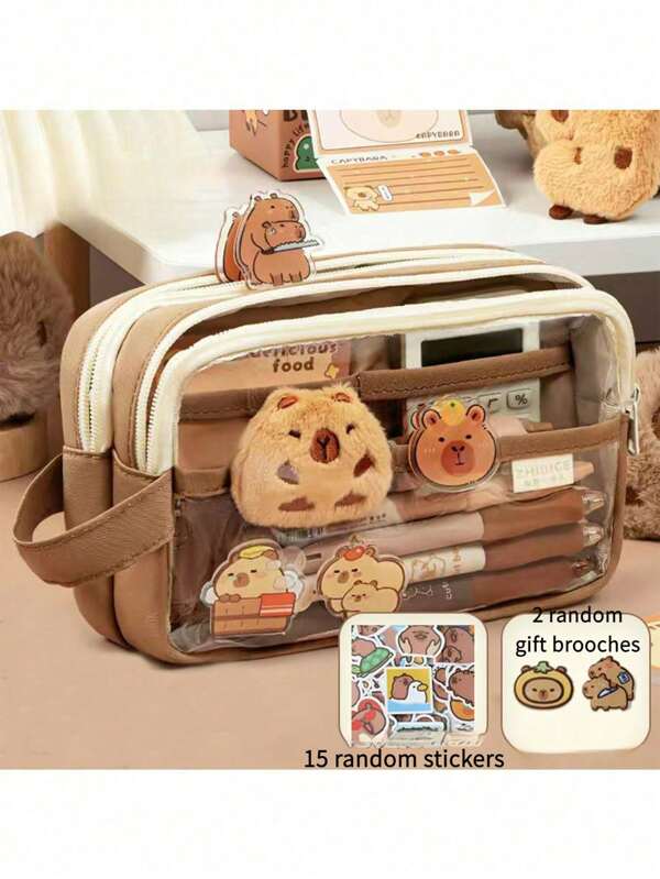 Grande capacité Trousse à crayons transparente, design créatif et mignon de capybara, sac de rangement durable pour fournitures scolaires, retour à l'école, fournitures scolaires, trousse à crayons, sac d'école