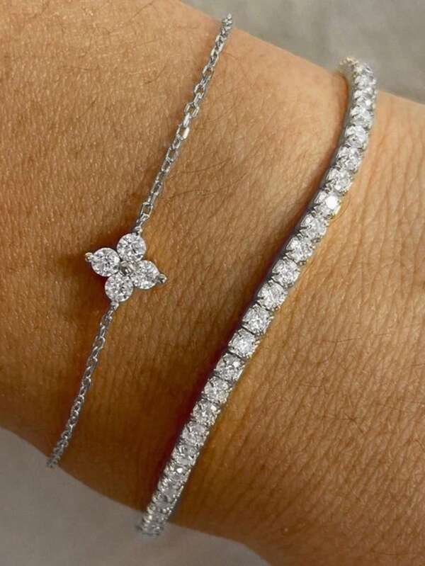 2pcs Elegant Cubic Zirconia Flower Bracelet Sets, Rhinestone Chain Double Layer, Suitable For Women Daily Dates Parties Gatherings