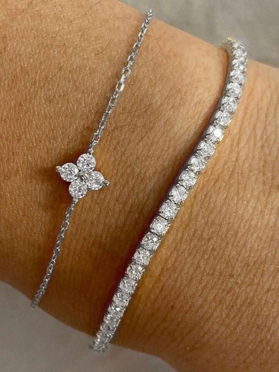 2pcs Elegant Cubic Zirconia Flower Bracelet Sets, Rhinestone Chain Double Layer, Suitable For Women Daily Dates Parties Gatherings - Silver - View 1