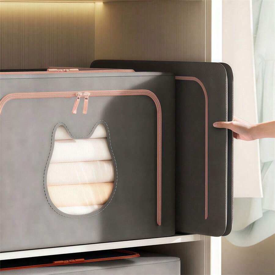 1pc Large Capacity Foldable Storage Box With Transparent Window, Rectangular Storage Bin, Waterproof Foldable Galvanized Steel Frame, Multi-Purpose Wardrobe Storage Box, Flip-Top Closure, Under Bed Storage, Premium Fabric Storage Box, Suitable For Clothes And Books, Ideal Moving Packing Solution, Bedroom Storage, Home Organization - Grey - View 1