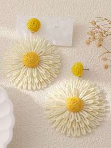 2pcs/Set Handmade Woven Raffia Daisy Flower Drop Earrings For Women, Fashionable & Sweet, Suitable For Summer Beach Style