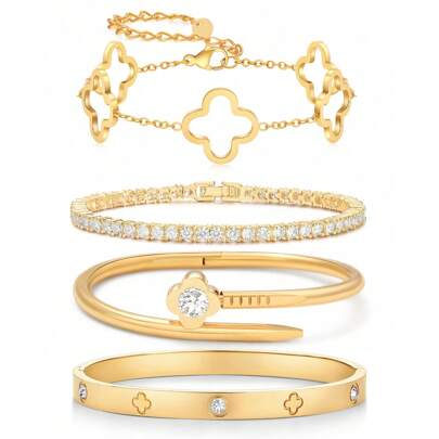 Pulseira de aço inoxidável elegante e moderna com trevo de quatro folhas e zircônia, acessório de joalheria versátil para mulheres, ideal para elegância diária e charme de festa, um presente ideal