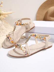 Wide Fit Women's Circle Gold Decorative Buckle Hollow Out Thong Flat Sandals, Summer Holiday Style Lightweight Fashionable Flat Sandals - Beige - View 6