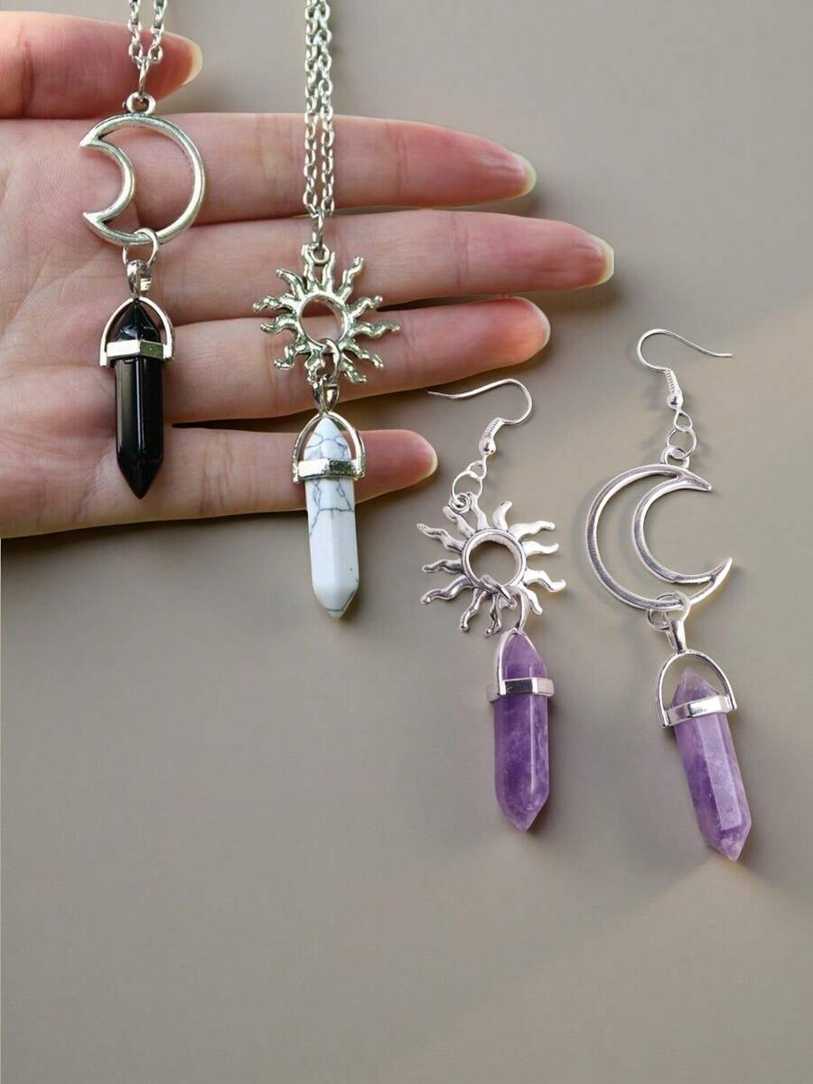 1 对波西米亚日月不对称六边形水晶紫色石紫水晶六角柱长耳环治愈能量诞生石吊坠钩耳环巫术哥特式饰品配饰女士情侣礼物