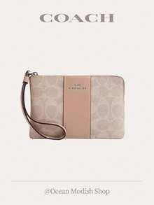 Coach Corner Zip Wallet Wristlet Bag In Signature Canvas With Stripe,Purses And Bags Women Wallet Bags For Women Valentine's Day Gift For Her CW854 - Màu Khaki - Xem 1