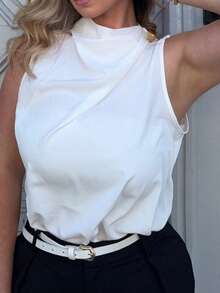 Jeta Ari Blusa blanca elegante y modesta para oficina y uso diario con cuello asimétrico con volantes, mangas sin mangas y botones metálicos, adecuada para primavera/verano - Blanco - Ver 5