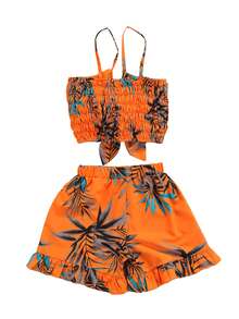 Toddler Kids Baby Girls Summer Clothes Off Shoulder Ruffle Crop Tops Shorts Pants 2PCS Beach Boho Outfits Set 1-7 Years - 橘色 - 查看 2