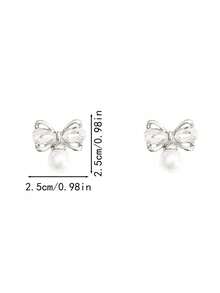 1 对优雅仿珍珠蝴蝶结心形水钻美人鱼公主风格耳环，理想的礼物选择 - 彩色 - 查看 7