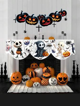 1pc Halloween Cartoon Table Runner - Lively Skull And Pumpkin Design, Suitable For Children & Family Party Decoration, Bedroom, Living Room, Outdoor Use