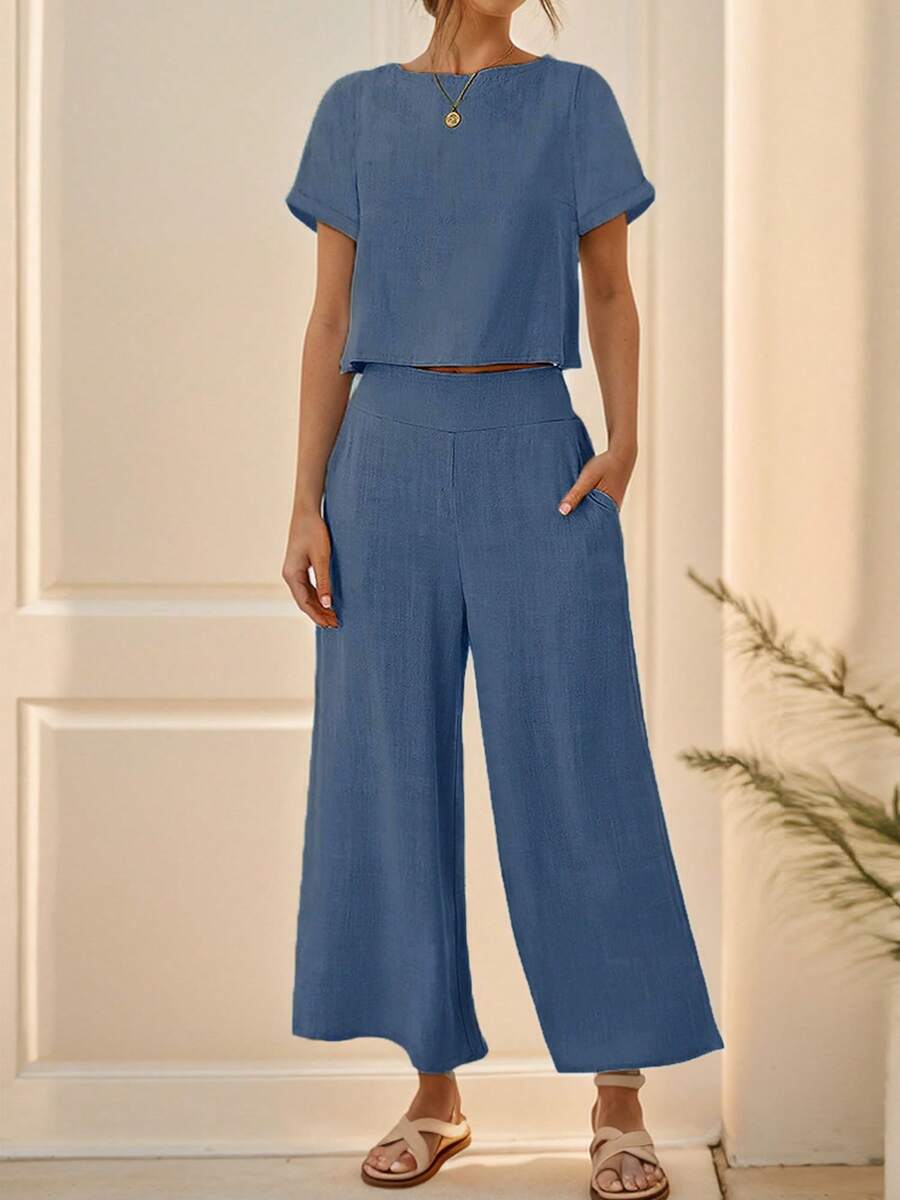 tooluck Women's 2 Piece Outfits Linen Short Sleeve Crop Top And Wide Leg Pants Lounge Matching Set Tracksuits Blue