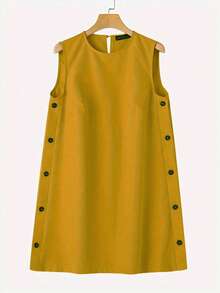 Women's Summer Side Button Design Round Neck Sleeveless Short Dress