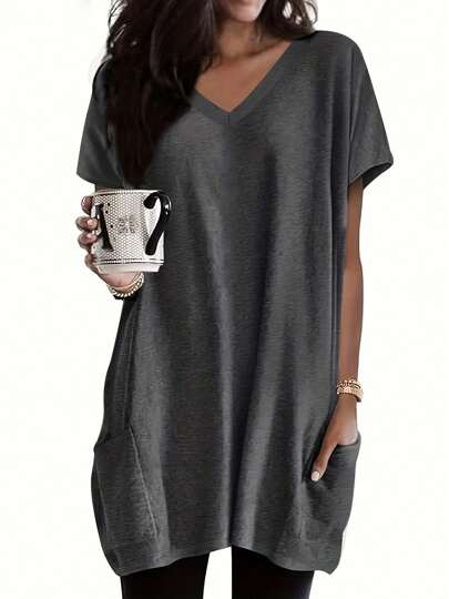 大码女式休闲宽松V领纯色衬衫 - 涤纶面料，中等弹力，短袖，及膝长度，适合春夏穿着，百搭上衣，及膝长度，涤纶面料