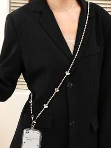 1pc Silver Heart Beaded Phone Lanyard Strap, Cross-Body Chain For Bag, Water Bottle, Approx. 120cm Length, Includes Clear Pad - Silver - View 2