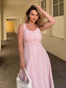 Jeta Ari Vestito lungo elegante da donna, di stile romantico, con linea ad A, vita segnata, bretelle, a quadri, minimalista e casual - Rosa - Visualizzare 5