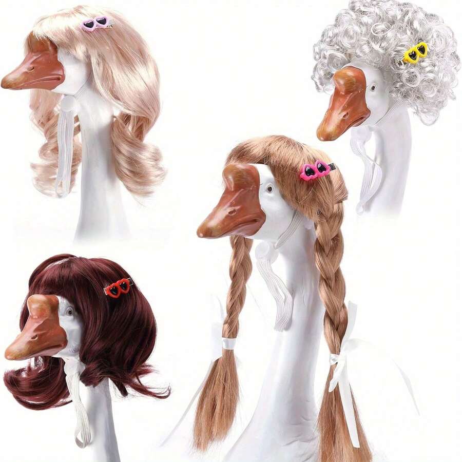 4 件套门廊鹅雕像装饰，带发夹 - 超细纤维草坪花园装饰，4 种独特造型（时尚眼镜、发髻、辫子、马尾辫），适合户外露台、独立日及全年趣味装饰，户外露台雕像，趣味雕像，光纤发饰，圣诞装饰，家居圣诞礼物，圣诞装饰品 - 4 - 查看 1