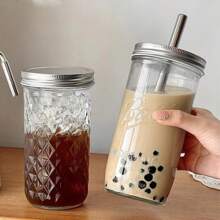 1pc Large Capacity Glass Boba Tea Cup With Lid And Stainless Steel Wide Straw,Suitable For Students To Drink Cold Beverages, Juices, Refreshing And Portable, Perfect Summer Drink Cup!