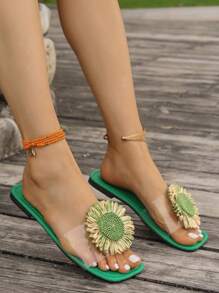 Sandali casual versatili adatti a qualsiasi occasione - carini, rinfrescanti, eleganti, ideali per feste. Ciabatte aperte sulla punta per l'uso estivo all'aperto, nuovi sandali romani intrecciati per primavera/estate, scarpe da donna di stile francese alla moda da abbinare ad abiti per spiaggia, appartamento, scarpe eleganti piatte verdi, sandali bohémien comodi da camminare, scarpe da donna scivolate con decorazione a girasole