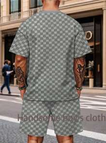 Summer Lazy Style Half-Sleeved Pullover T-Shirt And Straight Shorts Suit Fashion Plaid Loose Soft And Comfortable Men's Clothing All Over Print Summer Loose Contrast Binding  Pocket