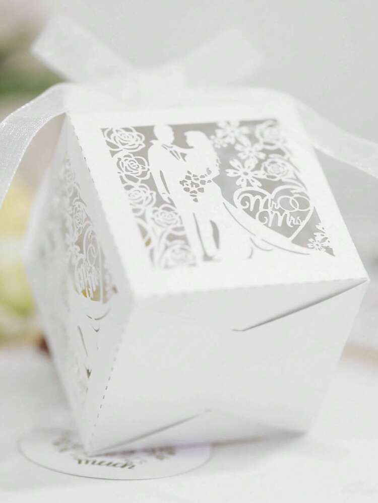 50 piezas/paquete Cajas de regalo de boda con corte láser hueco para Novia y Novio, cajas de embalaje de dulces, chocolate y regalos de compromiso con etiquetas de agradecimiento, cintas y cajas de favor en forma de corazón cuadrado y redondo para decoración del Día de San Valentín - Blanco-50 piezas - Añade 5