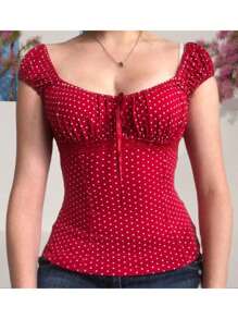 Women Short Sleeve T-Shirts Dot Print Tie-Up Front Casual Shirts Summer Fashion Slim Fit Tops Streetwear