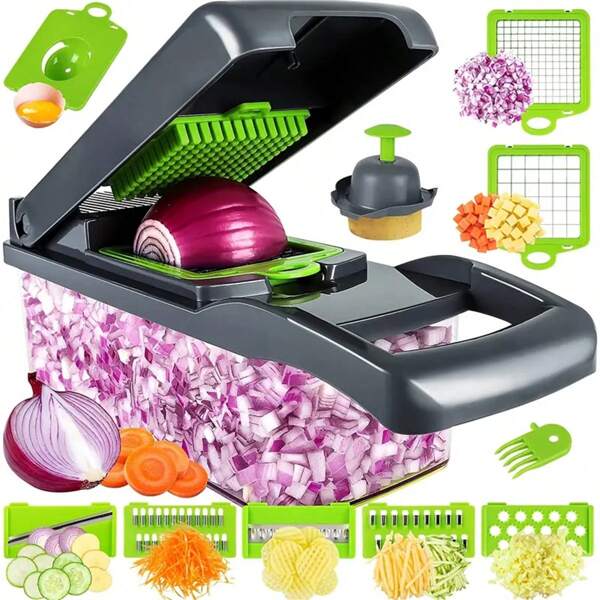 1 Set 15-In-1 Multi-Functional Food Chopper, 8-Blade Chopping Machine With Container, Kitchen Vegetable Onion Chopper Slicer, Potato Shredder Salad Cutter