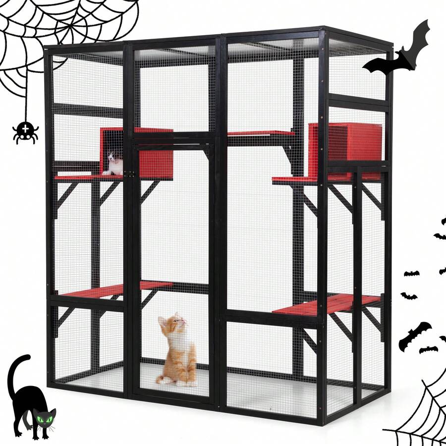 Catio de madera espacioso de 70 pulgadas para gatos al aire libre con perchas y condominios, jaula para gatos interior con techo impermeable, 7 plataformas y 2 cajas de descanso, resistente a rayos UV (gris/naranja/gótico) - Multicolor - Ver 1
