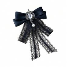 1 pieza Corbata de moño estilo británico retro, broche decorativo con cinta de encaje y borla para camisa, vestido, cuello de abrigo, accesorio de moda para mujer, unicolor de poliéster