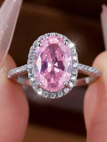 1 件 Promise S925 纯银戒指，镶嵌椭圆形粉色方晶锆石，订婚/结婚珠宝，优雅适合女士晚会，多种尺寸可选