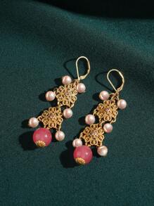 Conjunto de joyería nupcial con enchapado en bronce vintage, accesorios de compromiso, borlas multicapa, collar de piedra natural rosa dulce hecho a mano con cuentas y perlas falsas, aretes y anillo